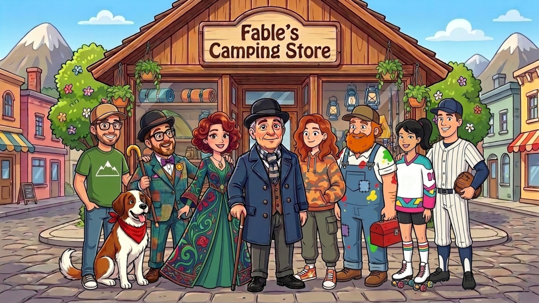 The Fable Ridge cast gathered outside Fable’s Camping Store