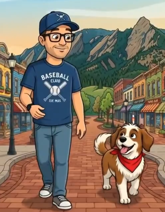 Illustration of Mr. Fable walking with Jerry G through a mountain town